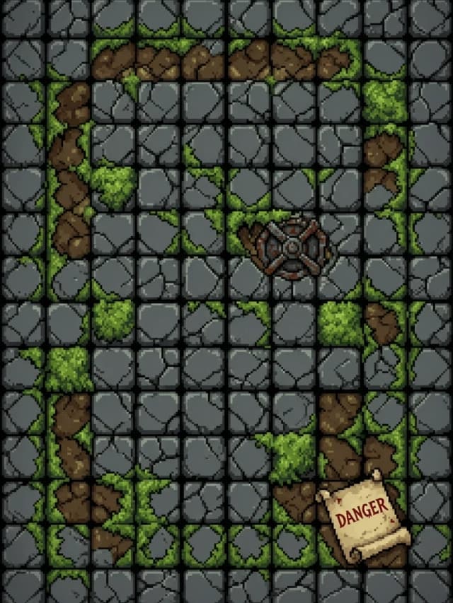 Single tile of a medieval RPG fantasy dungeon floor, pixel art, 48x48 resolution, top-down orthographic view. The texture features weathered, cracked dark grey cobblestones with moss growing in the crevices and patches of damp dirt. Intricate micro-details of stone grain and uneven surfaces. Dim, moody lighting with subtle ambient occlusion in the cracks to create depth. Gritty, atmospheric aesthetic, high-quality sprite work, 16-bit retro game style, consistent color palette of earthy tones, cold greys, and deep greens.
