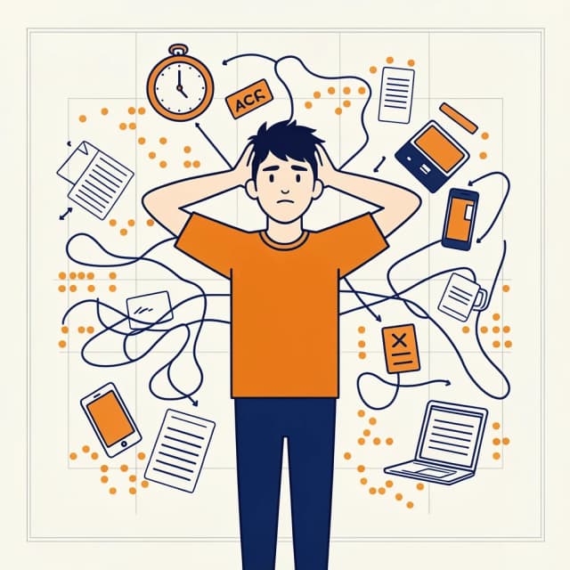 Flat line illustration на светлом фоне (#F5F5F5) с тонкой сеткой и янтарно-оранжевыми точками-паттернами. Мужчина мужчина 30-35 лет, короткие тёмные волосы (взъерошенные сверху, чёлка вправо), овальное лицо, минималистичные черты (точки-глаза, простая линия носа, прямой рот), без бороды, без детализации прядей. Одет в янтарно-оранжевой рубашке и брюках navy цвета. Стоит в центре комнаты, вокруг него хаотично разбросаны иконки: часы, документы, телефон, ноутбук, чашка кофе, стикеры с задачами. Линии связи между объектами перепутаны и запутаны. Персонаж держится за голову двумя руками, выражение растерянности. Тонкие чистые линии, плоский дизайн, янтарно-оранжевые (#FF8A00–#FFA500) акценты на ключевых элементах, синие глубокий темно-синий (navy) линии связей. Минималистичная инфографика, векторный стиль.