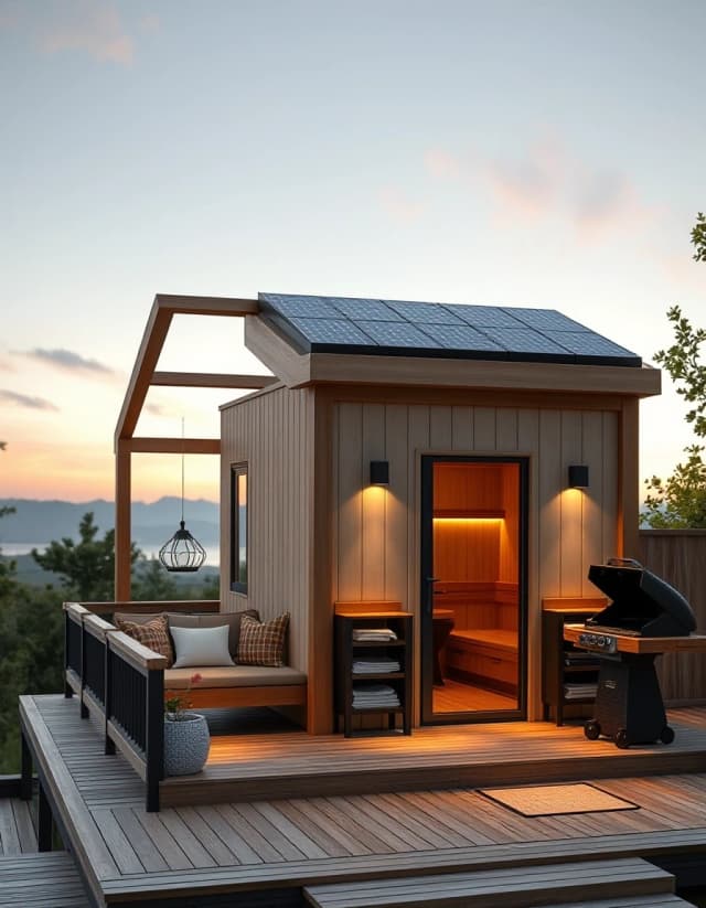 Vertical architectural design, luxury frame sauna with integrated large lounge terrace and BBQ area, solar panels on the roof, beautiful evening illumination, high detail.