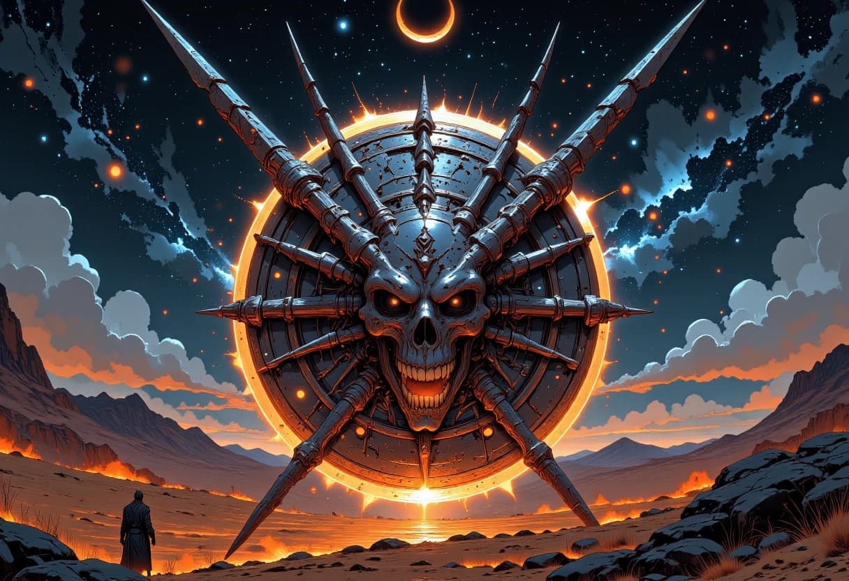 Circular emblem of a fierce, warlike desert tribe, centered composition. In the foreground, a weathered tribal shield made of dark hide and bone ornaments, overlaid with two crossed spears featuring sharp, jagged bone tips, with huge screaming skull with glowing eyesockets in the center . The background features a vast, mystical nocturnal desert under a massive crescent moon and a shimmering Milky Way galaxy. Artistic style of a high-detail fantasy game icon, digital painting with heavy texture. Lighting: dramatic rim lighting from the moonlight, deep cinematic shadows, and a fair glow from campfire. Lightings on the background. Mood: primal, menacing, and epic. Details: fine cracks in the bone, sand grains caught in the shield's texture, silhouettes of distant dunes, and a starry night sky. High contrast, hyper-realistic textures, volumetric lighting, 8k resolution.