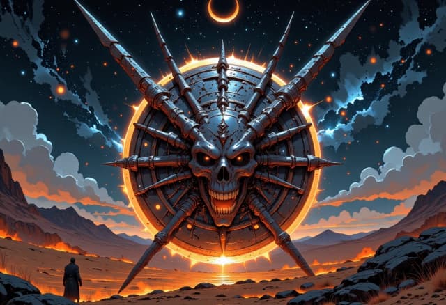 Circular emblem of a fierce, warlike desert tribe, centered composition. In the foreground, a weathered tribal shield made of dark hide and bone ornaments, overlaid with two crossed spears featuring sharp, jagged bone tips, with huge screaming skull with glowing eyesockets in the center . The background features a vast, mystical nocturnal desert under a massive crescent moon and a shimmering Milky Way galaxy. Artistic style of a high-detail fantasy game icon, digital painting with heavy texture. Lighting: dramatic rim lighting from the moonlight, deep cinematic shadows, and a fair glow from campfire. Lightings on the background. Mood: primal, menacing, and epic. Details: fine cracks in the bone, sand grains caught in the shield's texture, silhouettes of distant dunes, and a starry night sky. High contrast, hyper-realistic textures, volumetric lighting, 8k resolution.