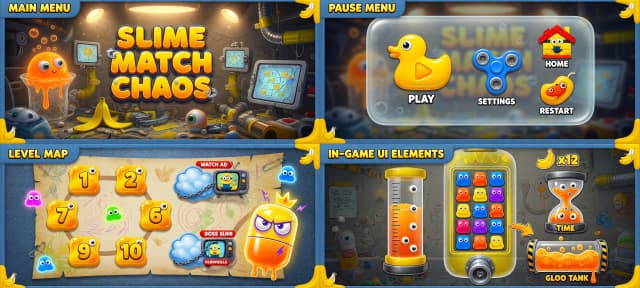Полный профессиональный набор инструментов UI / UX для мобильной игры match-3, вдохновленный хаотичной и игривой эстетикой minions. Визуальный язык определяется высоким качеством 3D-рендеринга, благодаря округлым органичным формам, гипер-глянцевым текстурам и яркой цветовой палитре солнечно-желтого и джинсово-синего цветов.

В комплект входит:
1. ** Экран главного меню: ** Динамичный, высокоточный 3D-изометрический вид захламленной лаборатории миньонов. На сцене представлены светящиеся  оранжевый глазастый слайм, металлические гаджеты и миниатюрные планшетные компьютеры. Название игры выполнено объемной графикой в стиле пластилина с полированными металлическими вставками. Освещение кинематографично, с мягким рассеянным светом и яркими зеркальными бликами.
2. ** Меню паузы: ** Изысканное покрытие из матового стекла (glassmorphism) с мягкой, размытой прозрачностью и сильно закругленными углами. Значки для воспроизведения, настроек, "Домой" и "Перезапуск" выполнены в виде тактильных, глянцевых кнопок, напоминающих игрушки, с блестящим покрытием.
3. ** Карта выбора уровня: ** Карта с огромными интерактивным плитками с номераци, также закрытые уровни с разблокировки с помощью рекламы, босс слайм выполненными в виде светящихся желтых капсул разные под каждого слайма.
4. ** Элементы интерфейса игры: ** Красивый фон, Само игровое поле виде вертикальный  капсула или контейнер с винтем под ним таймер   под ним отделения с жидким оранжевый слаймом по истечении времени вытекает на игровое поле.