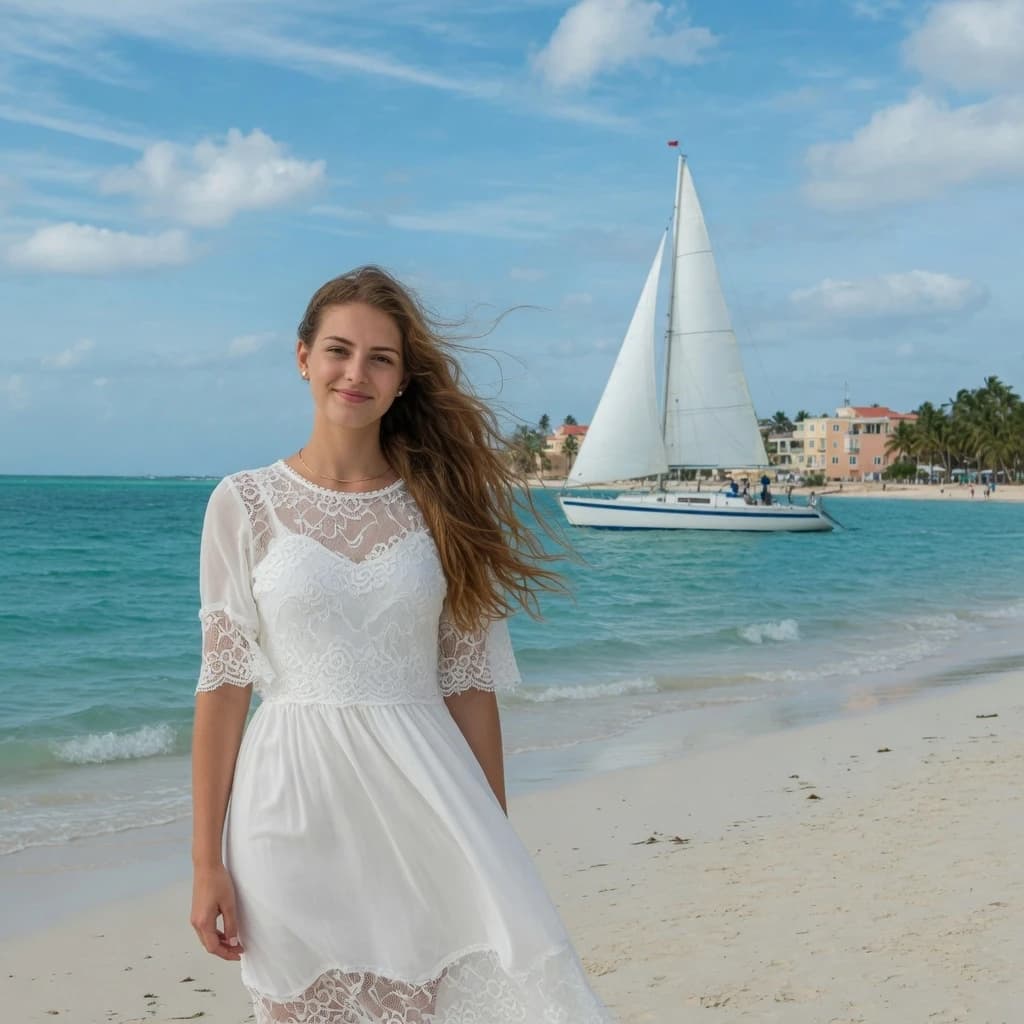 The image is a portrait of a young woman standing on a beach with a sailboat in the background. The woman is wearing a white dress with a lace overlay and has long, wavy hair that is blowing in the wind. She is looking directly at the camera with a slight smile on her face. The sky is blue with white clouds and the water is a beautiful turquoise color. The sailboat is white and appears to be sailing on the water. The beach is sandy and there are buildings and trees visible in the distance. The overall mood of the image is peaceful and serene