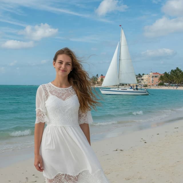The image is a portrait of a young woman standing on a beach with a sailboat in the background. The woman is wearing a white dress with a lace overlay and has long, wavy hair that is blowing in the wind. She is looking directly at the camera with a slight smile on her face. The sky is blue with white clouds and the water is a beautiful turquoise color. The sailboat is white and appears to be sailing on the water. The beach is sandy and there are buildings and trees visible in the distance. The overall mood of the image is peaceful and serene