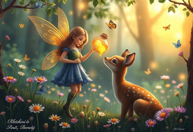 In an enchanted meadow filled with blooming flowers and butterflies, a forest fairy gives a wounded fawn a glowing drop of life energy from a magical vial, golden light shining softly, fireflies floating around, atmosphere of kindness and wonder, fantasy illustration, highly detailed.