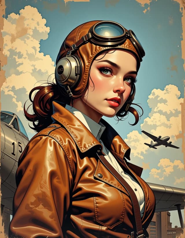 A masterpiece,  in the style of the 1980s, with bold lines, dynamic strokes and rich textures, on background with a touch of nostalgia, perhaps with subtle drawings inspired by cellulose and vintage, worn textures similar to paper, oil painting, creative and highly detailed digital painting of a 1940s female pilot,
vintage chopper style, iconic leather flight jacket, retro aviation goggles,
classic bomber plane backdrop, aviation enthusiast, digital art medium,
fine art details, vintage elegance, historical accuracy, storytelling through art,
confident expression, authentic atmosphere, nostalgic charm, captivating
character beauty, 8K resolution, artistic mastery, golden age lighting,
intricate historical details, rich visual storytelling, vintage aviation,
character design, historical concept art, wartime heroism,
artistic brilliance, immersive allure, hdr