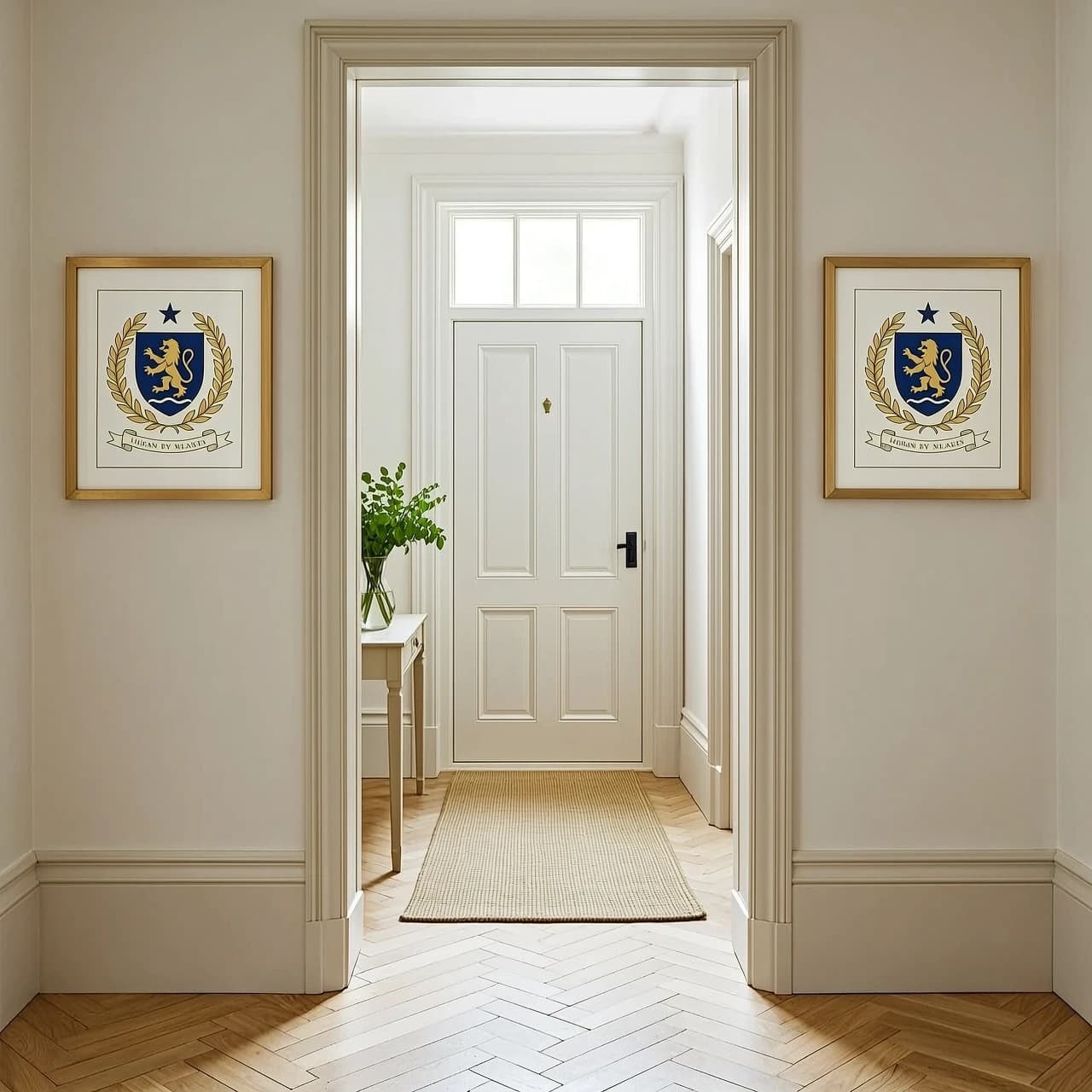 Interior photograph looking straight down a bright entrance hallway
toward a white front door, shot from inside the house. English manor
/ country house interior style: light oak or pale herringbone tiled
floor, soft white walls, tall skirting boards, natural daylight
coming through a glass panel above the door. On the wall, symmetrically
placed on either side of the doorway, hang two identical framed family
crest artworks in thin gold or light oak frames — each crest features
a navy blue heraldic shield with a gold lion, a small star above it,
and wavy lines at the base, surrounded by a laurel wreath, with a
ribbon banner beneath reading the family name in elegant serif
lettering. A console table with a vase of fresh greenery sits along
one wall, a woven runner rug on the floor. Soft, airy, sophisticated
lighting — muted, elegant color palette (cream, white, soft gold,
navy accents). Photorealistic interior design photography style, wide
angle, symmetrical composition, warm natural light.