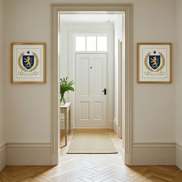 Interior photograph looking straight down a bright entrance hallway
toward a white front door, shot from inside the house. English manor
/ country house interior style: light oak or pale herringbone tiled
floor, soft white walls, tall skirting boards, natural daylight
coming through a glass panel above the door. On the wall, symmetrically
placed on either side of the doorway, hang two identical framed family
crest artworks in thin gold or light oak frames — each crest features
a navy blue heraldic shield with a gold lion, a small star above it,
and wavy lines at the base, surrounded by a laurel wreath, with a
ribbon banner beneath reading the family name in elegant serif
lettering. A console table with a vase of fresh greenery sits along
one wall, a woven runner rug on the floor. Soft, airy, sophisticated
lighting — muted, elegant color palette (cream, white, soft gold,
navy accents). Photorealistic interior design photography style, wide
angle, symmetrical composition, warm natural light.