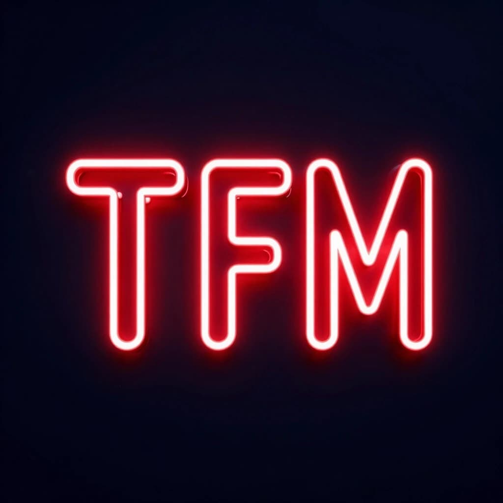 Three large capital letters T F M in vivid red neon tube style, centered composition, bright neon glow on dark navy matte background, white core with red outer glow, cyberpunk high-tech minimalism, slight mist or glass texture for depth, 1:1 square format, no faces, no clutter on edges, perfect for circular crop.