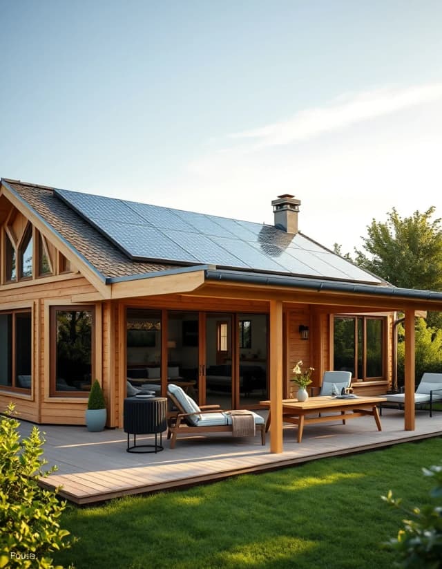 Vertical shot, beautiful family frame house with a large open wooden terrace, outdoor furniture, solar panels on roof, summer morning light, green trees around, hyper-realistic, photorealistic.