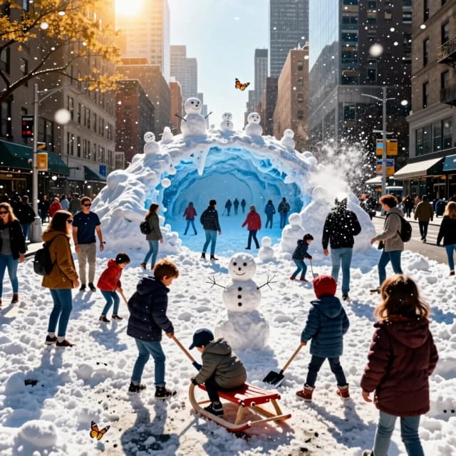 Hint:

A stunning cinematic shot: a busy, sunlit New York street in the middle of summer. People are wearing T-shirts and sunglasses, and the asphalt is shiny from the heat. In the center of the frame is an oasis-like area, a winter zone about 5 meters in diameter. Inside this invisible boundary, heavy snowflakes are falling thickly, and the ground is covered with a thick layer of pristine white snow. The snow is piled up in high drifts, forming entire mountains.  Here and there on the mountains, you can see snowmen of different sizes, attached in a haphazard manner, creating chaos and confusion. In this area, children are bundled up in heavy winter coats, as if they were at the North Pole; some are holding shovels and digging through the snow, while others are standing with a sled rope in their hands, one child is building a snowman, and another is skiing. All of them are knee-deep in snow. Someone is being a bully and throws a snowball at a passer-by in the non-winter zone of the island, and the snowball shatters into a small snow explosion when it hits the back of the passer-by's head. This is an island, an oasis with snow only in one place, surrounded by summer and heat: one step outside the circle and you're in the dry summer heat, and one step inside and you're in an icy blizzard. Two butterflies are fluttering in front of the screen. A hyper-realistic 8K image with high contrast between golden summer light and cold winter blue, captured with a 35mm lens, creating a surreal urban landscape.