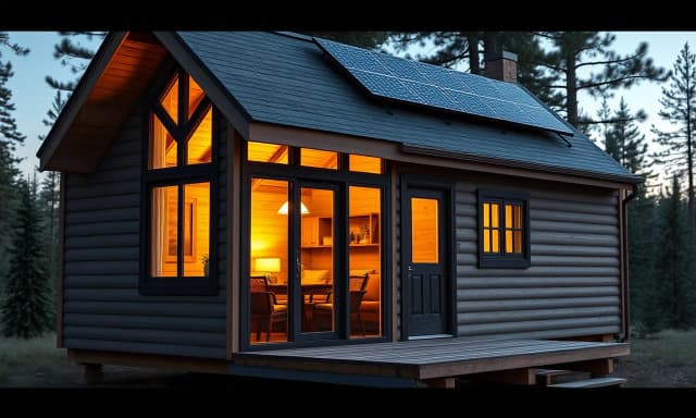 Cozy modular A-frame cabin or tiny frame cottage for resort, glowing warm light inside, small terrace, solar panels on the side roof, surrounded by pine forest or southern greenery, dusk lighting, cinematic look, ultra-realistic, architectural design presentation.