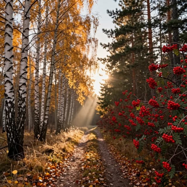 Photorealistic cinematic scene of early autumn, eye‑level perspective as if the viewer is standing on a narrow forest path looking ahead. Early morning, the sun has risen to a low position — its rays pierce through the tree crowns, creating bright shafts of light in the crystal‑clear air. On both sides of the path: birches with white bark and golden foliage, slender aspens with trembling leaves, tall pines with dark green needles, and rowans with clusters of bright scarlet berries. The path is scattered with fallen leaves; in places, dry grass and small twigs are visible. The air is perfectly clear, with only barely noticeable dust particles illuminated by the sunlight. No people, no buildings — just nature and light. Warm color palette: amber, ochre, honey, muted green, soft brown, scarlet. High detail: texture of birch bark, pine needles, leaf veins, rowan berries. Professional photography style, 8K, 35 mm lens, natural bokeh, slight film grain, realistic lighting.
