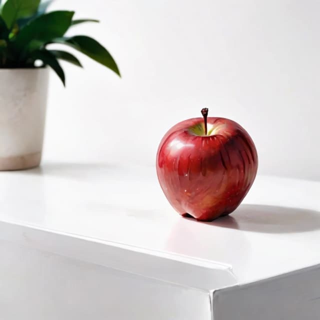 a red apple on a white table