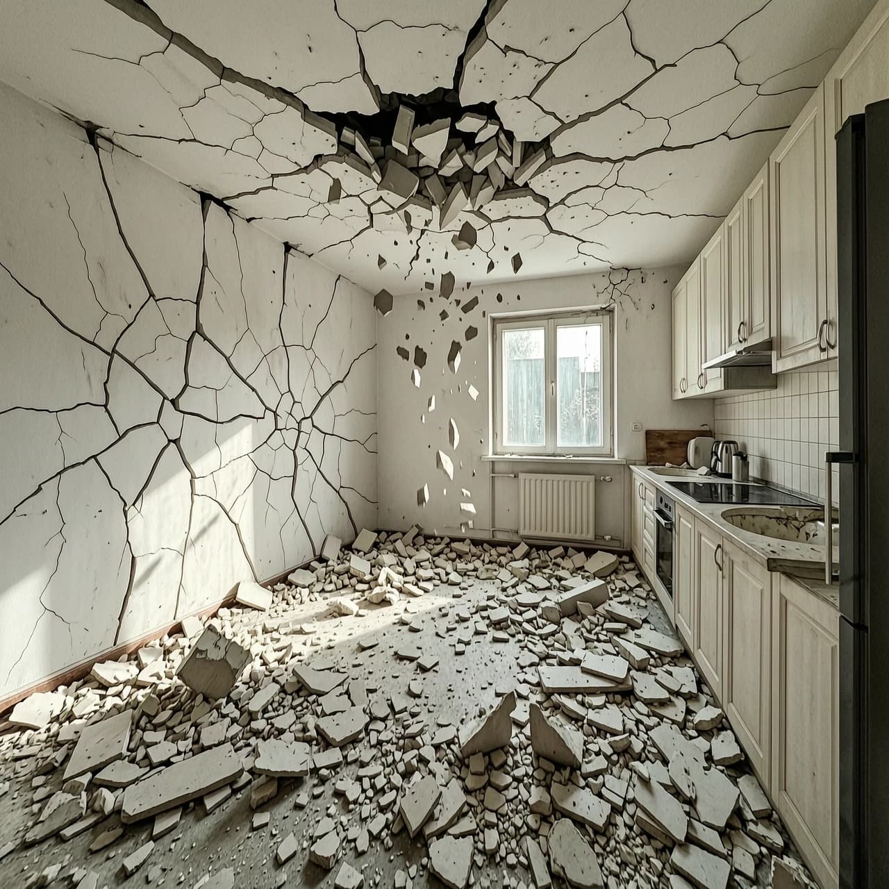 Hyper-realistic smartphone photo, wide-angle shot of a devastated bright kitchen, crumbling white plaster ceiling with large chunks falling down, massive deep cracks spiderwebbing across the walls, scattered debris and chunks of stucco covering the floor, messy and chaotic atmosphere, natural daylight streaming through a window creating harsh shadows, authentic mobile camera aesthetic, slight motion blur, high ISO grain, raw unedited look, dramatic destruction, cinematic realism, 8k resolution.