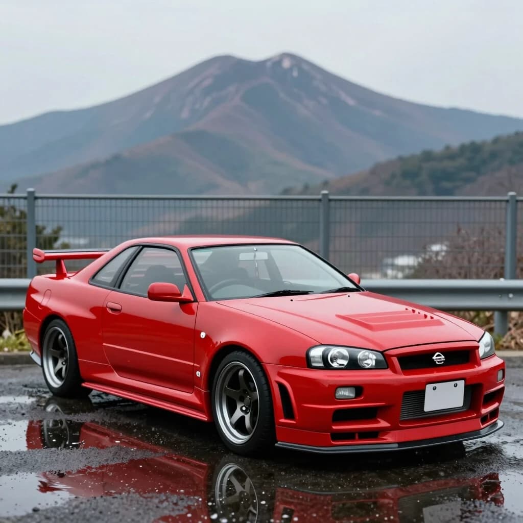 arafed car parked in front of a fence with a mountain in the background, extremely detailed water texture, in a modified nissan skyline r34, ironic surrealism, inspired by Gusukuma Seihō, twitter pfp, 2 0 1 9, half submerged, 2 0 5 6 x 2 0 5 6, version 3, april, 2019 trending photo