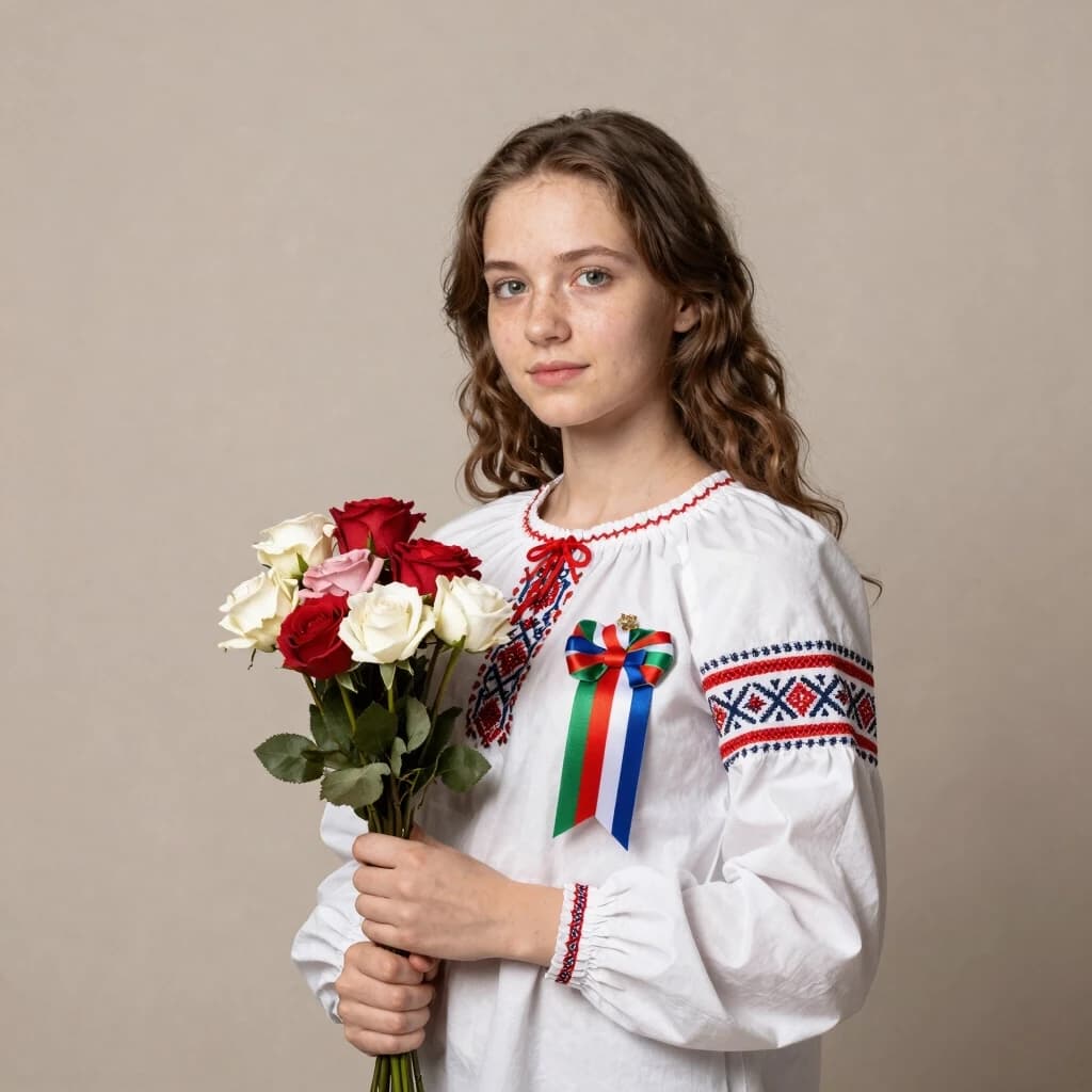 Русская девушка стоит  в белой блузке, с цветами в руках, и георгиевской ленточкой на блузке