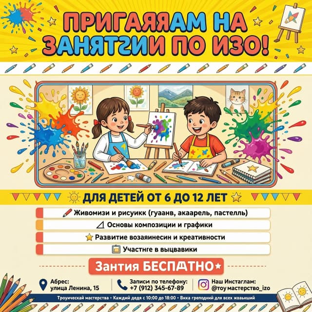 "Творческая мастерская" Крупный, яркий, игровой шрифт: ПРИГЛАШАЕМ 
 НА ЗАНЯТИЯ ПО ИЗО![ЦЕНТР: Визуальный блок]Здесь располагается сгенерированный рисунок (яркие брызги красок, карандаши, довольный рисующий ребенок).[НИЖНЯЯ ЧАСТЬ: Для кого и что будет]Выделено цветом или плашкой: Для детей от 6 до 12 летСписком (крупно и понятно):🖌️ Живопись и рисунок (гуашь, акварель, пастель)📐 Основы композиции и графики✨ Развитие воображения и креативности🖼️ Участие в выставкахЗанятия [БЕСПЛАТНО / цена]📍 Адрес: [Улица Ленина, 15📞 Запись по телефону ]🌐 Наш Инстаграм.Добавить в плакат рисующую девочку и рисующего мальчика