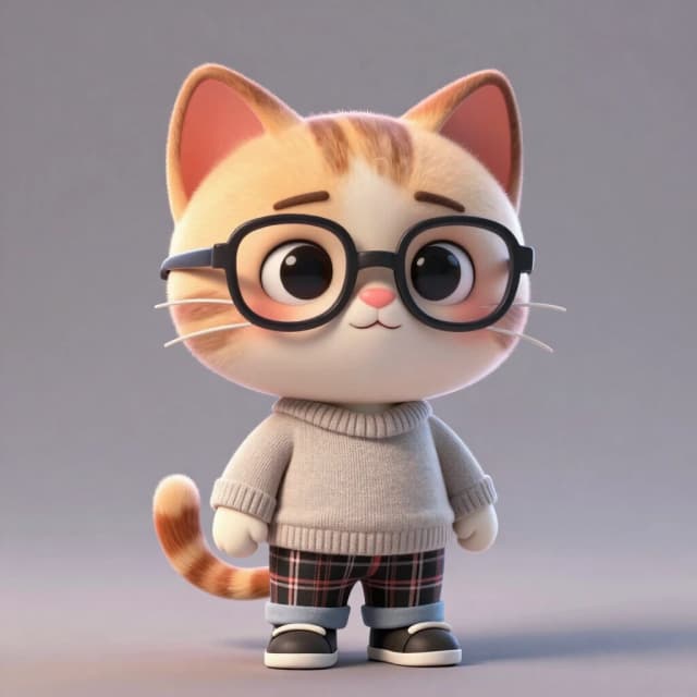 3D cartoon character of an adorable cat wearing glasses, a sweater, plaid pants, and shoes. The background is gray with soft lighting creating gentle shadows on the figure's features. The style mimics Pixar animation with detailed textures and expressive facial expressions.
