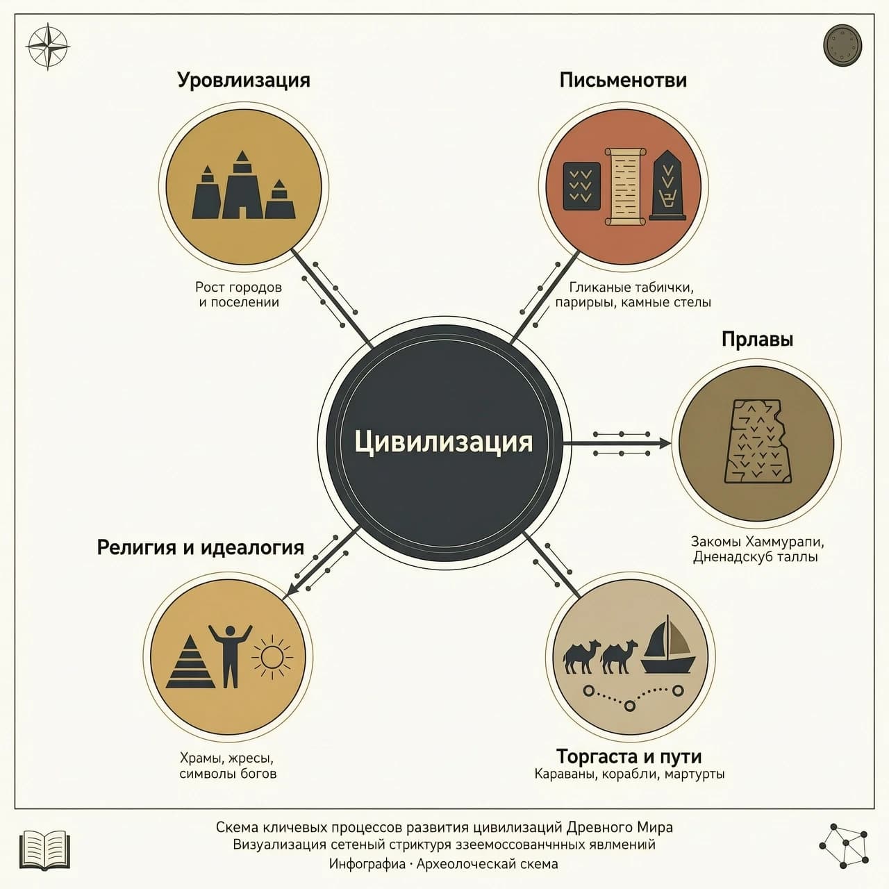 «Инфографическая схема в виде сети взаимосвязанных узлов, визуализирующая ключевые процессы развития цивилизаций Древнего мира. В центре — узел “цивилизация” с расходящимися связями: “урбанизация” (миниатюрные силуэты городов), “письменность” (глиняные таблички, папирусы, каменные стелы), “право” (фрагменты законов Хаммурапи, Двенадцати таблиц), “торговля и пути” (караваны, корабли, карты маршрутов), “религия и идеология” (храмы, жрецы, символы богов). Каждый узел сопровождается лаконичной подписью. Стиль — минималистичная векторная иллюстрация, монохромная палитра с цветными акцентами, чёткие линии, высокая читаемость, вид сверху. Композиция сбалансирована, без визуального шума.»