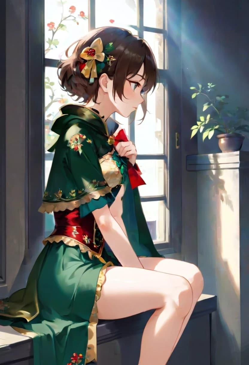 A young adult East Asian-looking woman with short brown hair and fair skin, seated elegantly on a windowsill in profile, body slightly turned, left hand resting on her left knee, right hand hanging naturally beside her thigh, gazing toward the left window. She wears a green cloak over a dark brown corset-style top with gold floral embroidery, a large red bow at the waist, and a long cream-colored skirt with black vine-like lace trim along the hem; her right arm features a metallic bracer and leather gloves, and a brown leather pouch with lacing hangs at her hip. The background is a large wooden-framed multi-pane window revealing lush green foliage outside, with sunlight streaming in from upper-left, casting soft highlights and gentle shadows across her figure. To her left on the sill sits an ornate oval mirror with carved frame; to her right, a small potted plant; foreground vines drape down on both sides, adding depth and natural framing. Medium shot, eye-level to slightly low angle, subject centered-right with ample negative space on the right for environmental context. Art style: Japanese fantasy illustration with visible brushwork and painterly texture, not photorealistic—digital painting with watercolor-like bleed and soft edges. Color palette dominated by emerald green, cream, earthy brown, with warm yellow highlights and cool green-gray shadows. Likely generation intent: faithfully reconstruct the 'Emerald Herald' character from Dark Souls II in a serene indoor setting, emphasizing costume accuracy, mood, and visual storytelling.