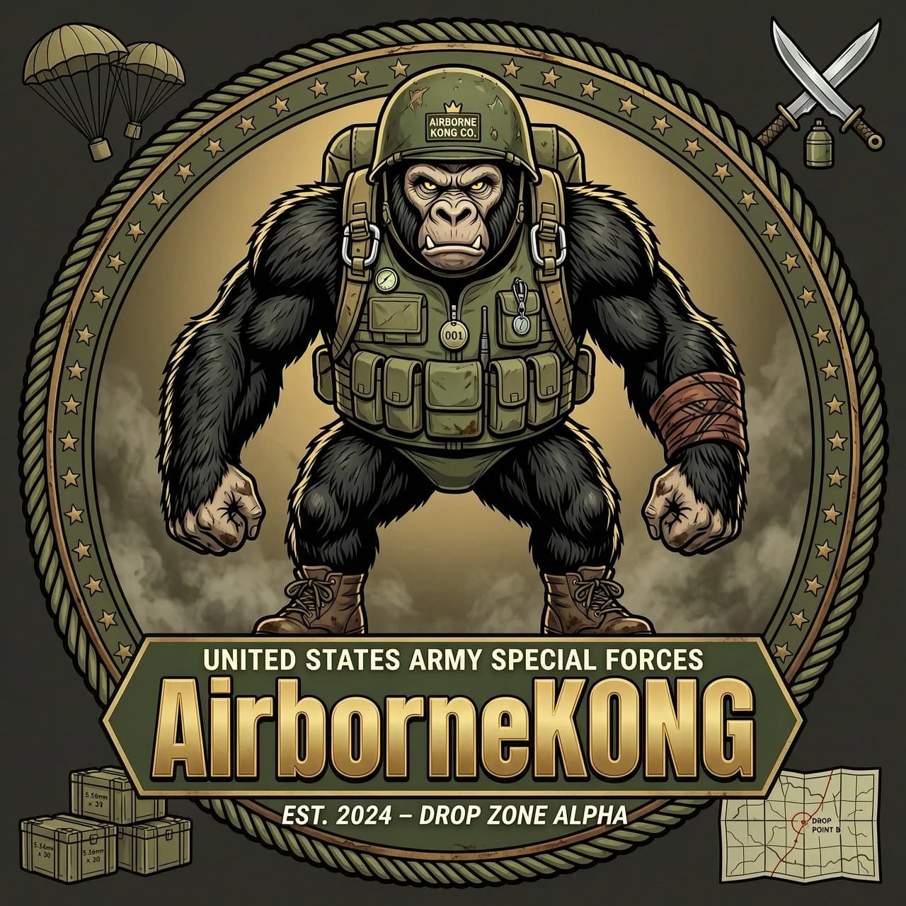 Горилла десантник с надписью внизу "AirborneKONG"