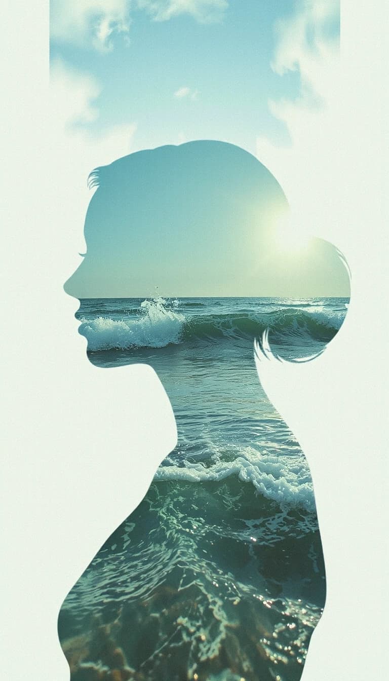 (Double exposure: 1,9). Abstract background (soft colors, marine theme). Seascape (waves, clear water, splashes) inside transparent silhouette of girl's profile. Dissolving colours. Dissolution of textures. Interpenetration of layers and textures. Stylistics: surrealism, realism. Based exclusively on cool colors + yellow sun rays