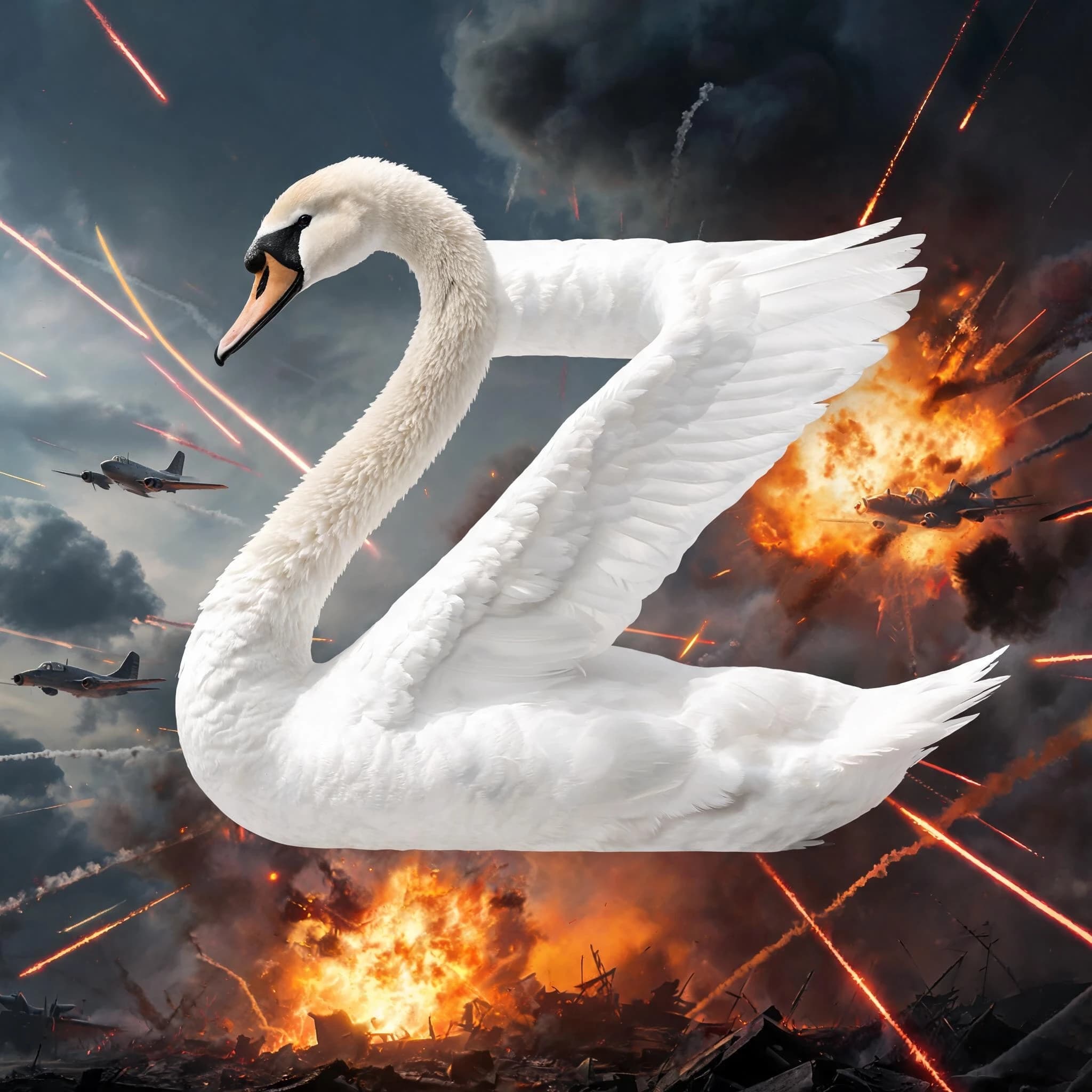 swan in the form of the letter z against the backdrop of a military battle