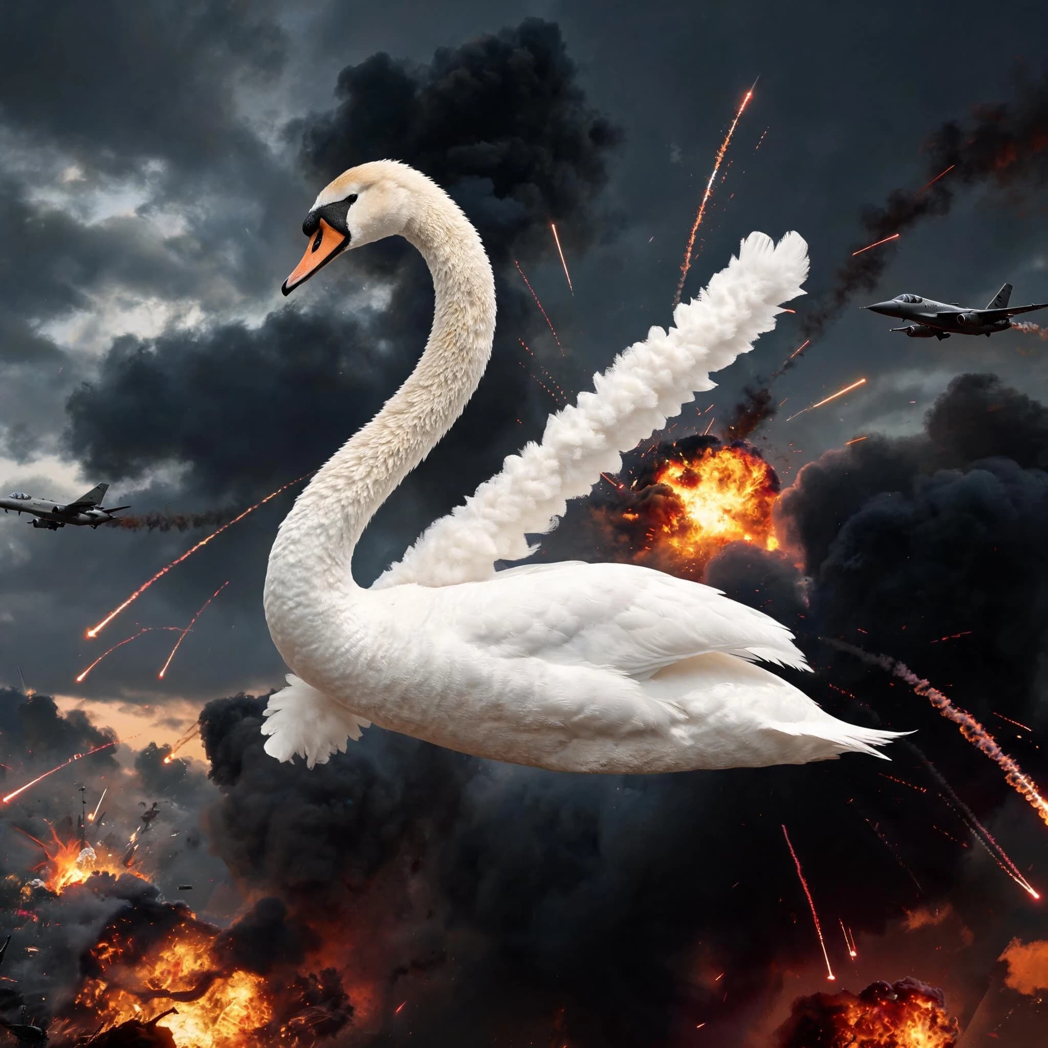 swan in the form of the letter z against the backdrop of a military battle