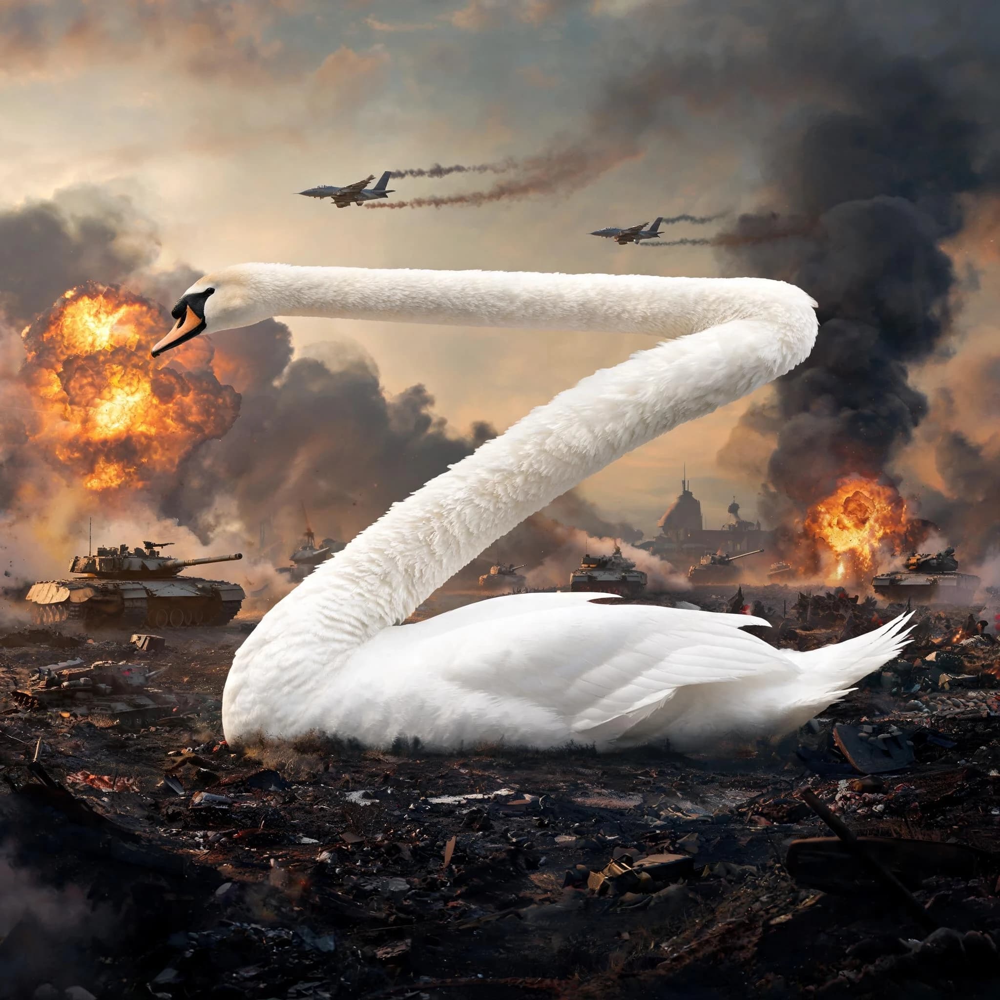 swan in the form of the letter z against the backdrop of a military battle