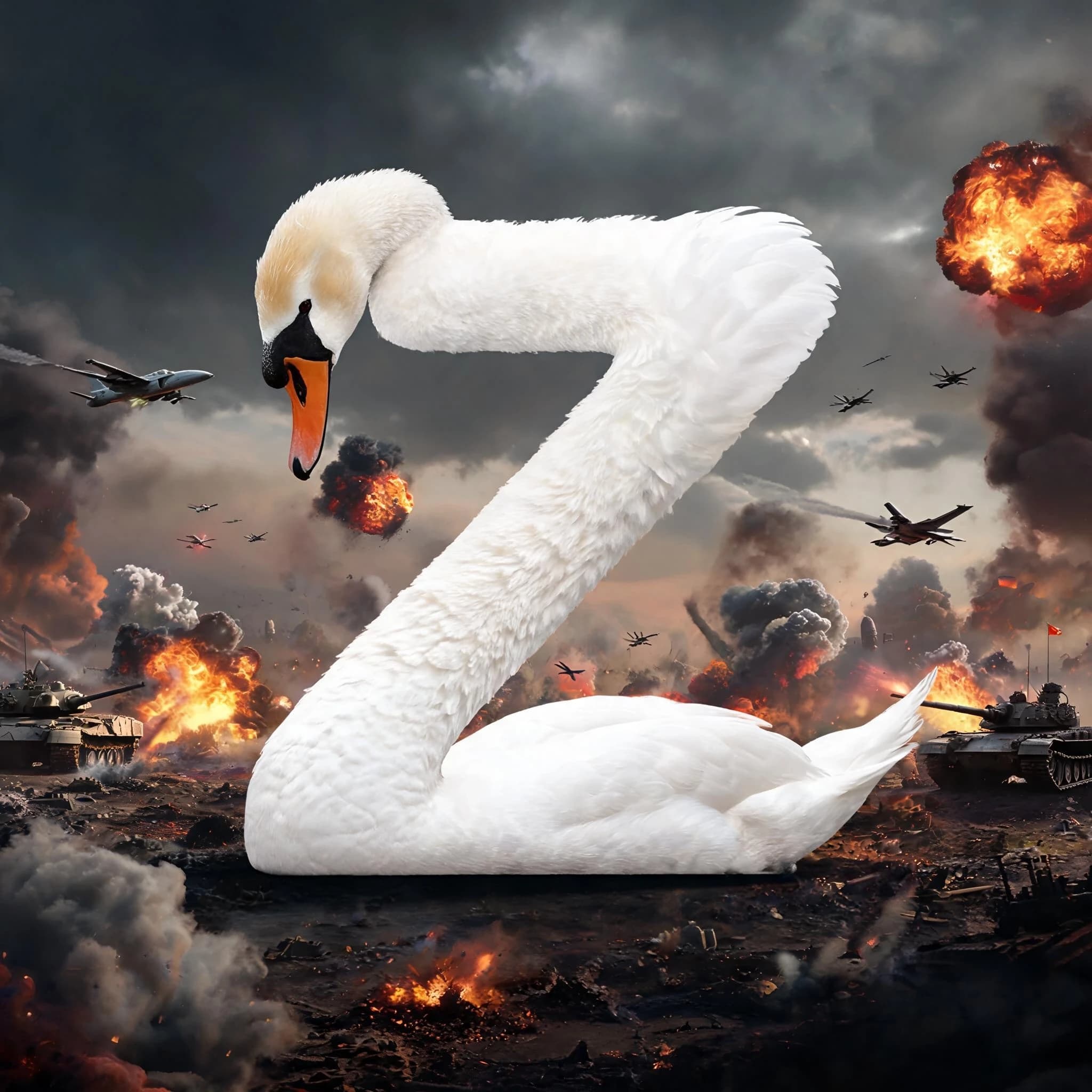 swan in the form of the letter z against the backdrop of a military battle