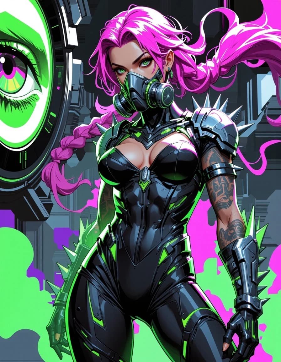 A masterpiece,  in the style of the 1980s, with bold lines, dynamic strokes and rich textures, on background with a touch of nostalgia, perhaps with subtle drawings inspired by cellulose and vintage, worn textures similar to paper, oil painting, High-energy cyberpunk portrait of a fierce woman warrior in a ruined neon city, three-quarter low-angle mid-shot, vibrant hyper-detailed digital painting. She has long hot-pink hair in two thick braids, piercing green eyes, and a high-tech respirator mask with glowing green accents and mechanical tubes. Worn, torn black leather bodysuit with glowing neon green circuitry leaking from deep chest seams, intricate geometric tattoos on her arms and thigh, spiked metallic pauldron on one shoulder, heavy chains draped and hanging from wrists, and cyberpunk jewelry. Floating holographic interface to her left displays a large stylized eye in chromatic colors. Thick green and purple smoke, neon lights, rain-soaked metallic architecture and broken circuitry in background. Mood: dangerous, rebellious, electrified. Lighting: dramatic rim lighting, strong emissive glows, volumetric light beams, high contrast, reflective metal highlights. Render in ultra-detailed 4k, cinematic composition, sharp focus on face and torso, painterly skin textures, crisp metallic details, dynamic color grading, slight film grain and subtle motion blur for action feel. celshading, simple background