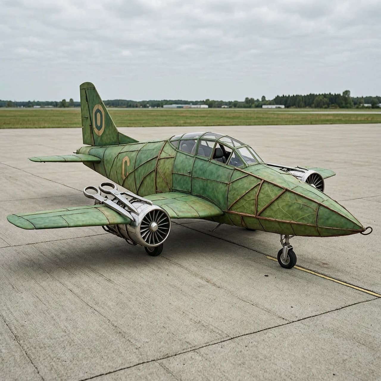 hybrid of a leaf and an airplane with scissors instead of turbines