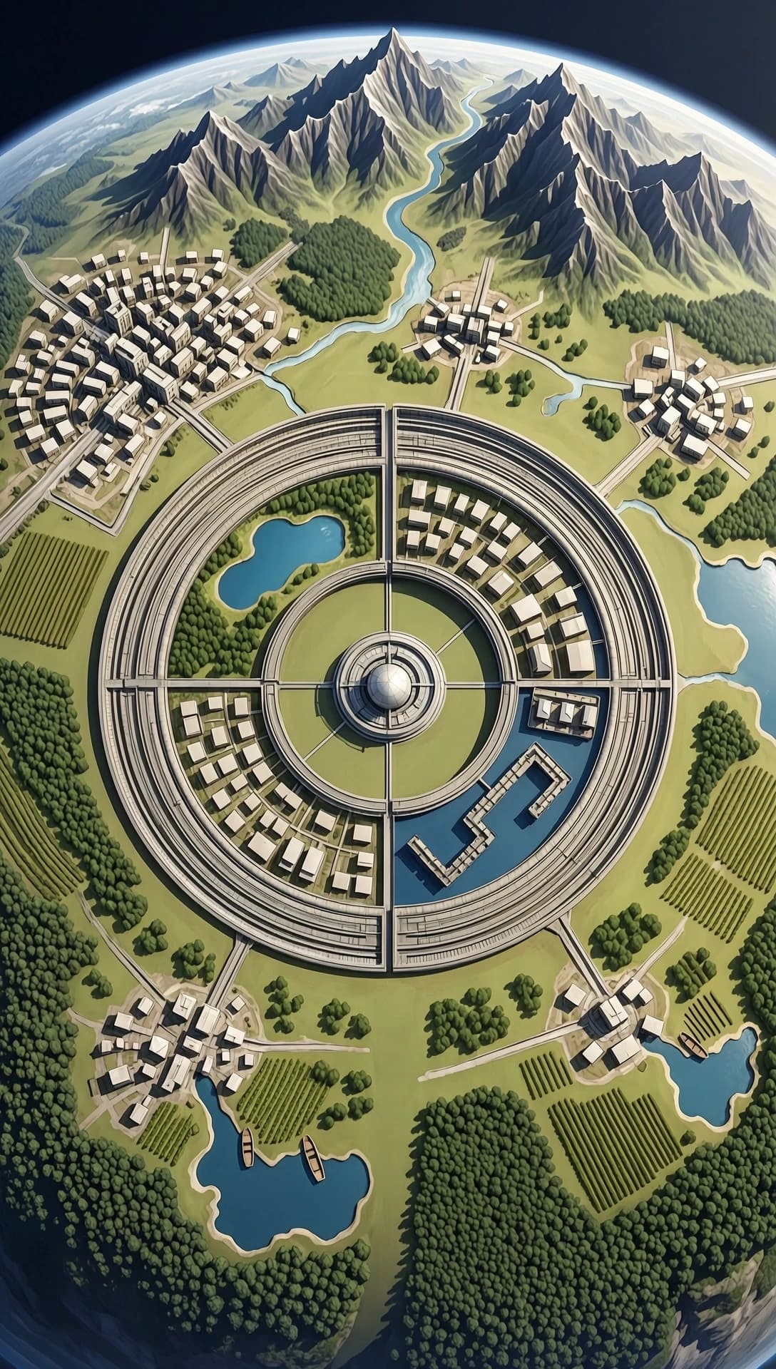 A world shaped like a closed torus (a donut-shaped world).
The world is located in the plane of the torus's equator, bordered in the rear half by a mountain range that transitions into hills, which quickly merge into a plain. On the plain in the center of the world is the ring of the collider's ground portion (the ring's radius is half the radius of the torus). Within the collider's ring is a territory divided into four equally sized segments (the segments are described below in counterclockwise order). One segment contains a park and a pond, the pond being closer to the center. The second segment contains a residential community of one- and two-story buildings. The third segment contains a scientific laboratory studying the processes occurring in the collider. The fourth segment contains an abandoned military unit shaped like the letter U. At the center of the collider's ring is the building of the fusion power plant. Beyond the outer edge of the collider's ring, a small lake is located at the bottom. The river originates in the mountains at the top of the world, bends around the collider ring on the left, and flows into a lake. To the right of the collider, a small stream flows, which also flows into the lake. Several settlements are located outside the collider ring. The first, from the top left (northwest), is a large urban-type settlement, located closer to the ring. The second from the top (north), is a small settlement, located closer to the mountains. The third from the top right (northeast), is a small settlement. The fourth from the bottom left (southwest), is a small settlement on the shore of a lake, with a boat dock. The fourth from the bottom right (southeast) is a very small settlement on the shore of a lake, with a boat dock. Below the settlement to the northeast are vineyards, with fields here and there around the settlements; the rest of the area beyond the outer boundary of the collider is mostly overgrown with forest. The style is photorealistic, with details, reminiscent of a photograph taken at an angle of about 45 degrees from a distance. The composition is executed in a wide-angle, epic perspective. A digital painting with hyperrealistic textures, intricate mechanical details, and a sense of overwhelming cosmic scale, reminiscent of high-quality concept art for epic space operas.
