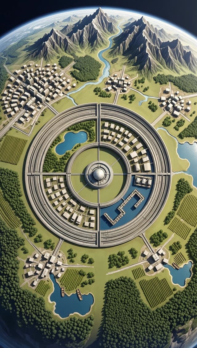A world shaped like a closed torus (a donut-shaped world).
The world is located in the plane of the torus's equator, bordered in the rear half by a mountain range that transitions into hills, which quickly merge into a plain. On the plain in the center of the world is the ring of the collider's ground portion (the ring's radius is half the radius of the torus). Within the collider's ring is a territory divided into four equally sized segments (the segments are described below in counterclockwise order). One segment contains a park and a pond, the pond being closer to the center. The second segment contains a residential community of one- and two-story buildings. The third segment contains a scientific laboratory studying the processes occurring in the collider. The fourth segment contains an abandoned military unit shaped like the letter U. At the center of the collider's ring is the building of the fusion power plant. Beyond the outer edge of the collider's ring, a small lake is located at the bottom. The river originates in the mountains at the top of the world, bends around the collider ring on the left, and flows into a lake. To the right of the collider, a small stream flows, which also flows into the lake. Several settlements are located outside the collider ring. The first, from the top left (northwest), is a large urban-type settlement, located closer to the ring. The second from the top (north), is a small settlement, located closer to the mountains. The third from the top right (northeast), is a small settlement. The fourth from the bottom left (southwest), is a small settlement on the shore of a lake, with a boat dock. The fourth from the bottom right (southeast) is a very small settlement on the shore of a lake, with a boat dock. Below the settlement to the northeast are vineyards, with fields here and there around the settlements; the rest of the area beyond the outer boundary of the collider is mostly overgrown with forest. The style is photorealistic, with details, reminiscent of a photograph taken at an angle of about 45 degrees from a distance. The composition is executed in a wide-angle, epic perspective. A digital painting with hyperrealistic textures, intricate mechanical details, and a sense of overwhelming cosmic scale, reminiscent of high-quality concept art for epic space operas.
