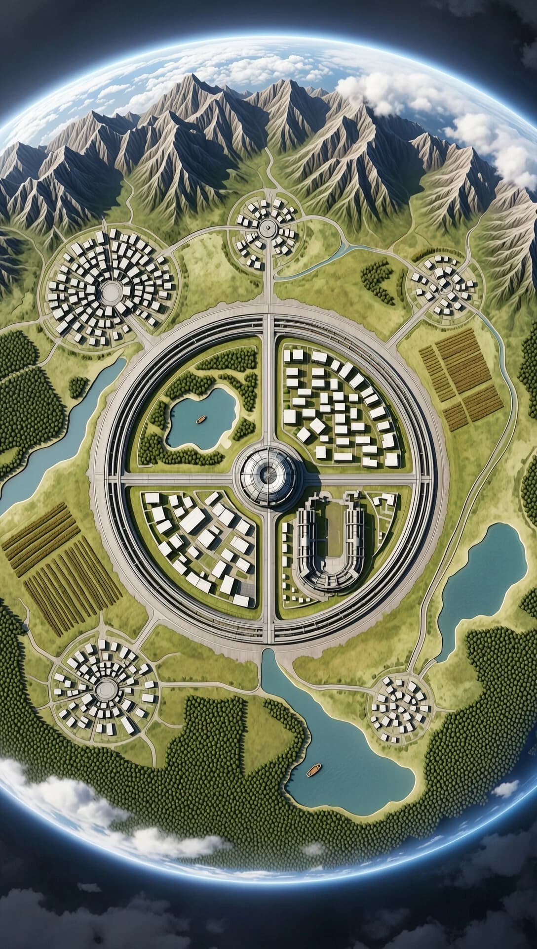 A world shaped like a closed torus (a donut-shaped world).
The world is located in the plane of the torus's equator, bordered in the rear half by a mountain range that transitions into hills, which quickly merge into a plain. On the plain in the center of the world is the ring of the collider's ground portion (the ring's radius is half the radius of the torus). Within the collider's ring is a territory divided into four equally sized segments (the segments are described below in counterclockwise order). One segment contains a park and a pond, the pond being closer to the center. The second segment contains a residential community of one- and two-story buildings. The third segment contains a scientific laboratory studying the processes occurring in the collider. The fourth segment contains an abandoned military unit shaped like the letter U. At the center of the collider's ring is the building of the fusion power plant. Beyond the outer edge of the collider's ring, a small lake is located at the bottom. The river originates in the mountains at the top of the world, bends around the collider ring on the left, and flows into a lake. To the right of the collider, a small stream flows, which also flows into the lake. Several settlements are located outside the collider ring. The first, from the top left (northwest), is a large urban-type settlement, located closer to the ring. The second from the top (north), is a small settlement, located closer to the mountains. The third from the top right (northeast), is a small settlement. The fourth from the bottom left (southwest), is a small settlement on the shore of a lake, with a boat dock. The fourth from the bottom right (southeast) is a very small settlement on the shore of a lake, with a boat dock. Below the settlement to the northeast are vineyards, with fields here and there around the settlements; the rest of the area beyond the outer boundary of the collider is mostly overgrown with forest. The style is photorealistic, with details, reminiscent of a photograph taken at an angle of about 45 degrees from a distance. The composition is executed in a wide-angle, epic perspective. A digital painting with hyperrealistic textures, intricate mechanical details, and a sense of overwhelming cosmic scale, reminiscent of high-quality concept art for epic space operas.