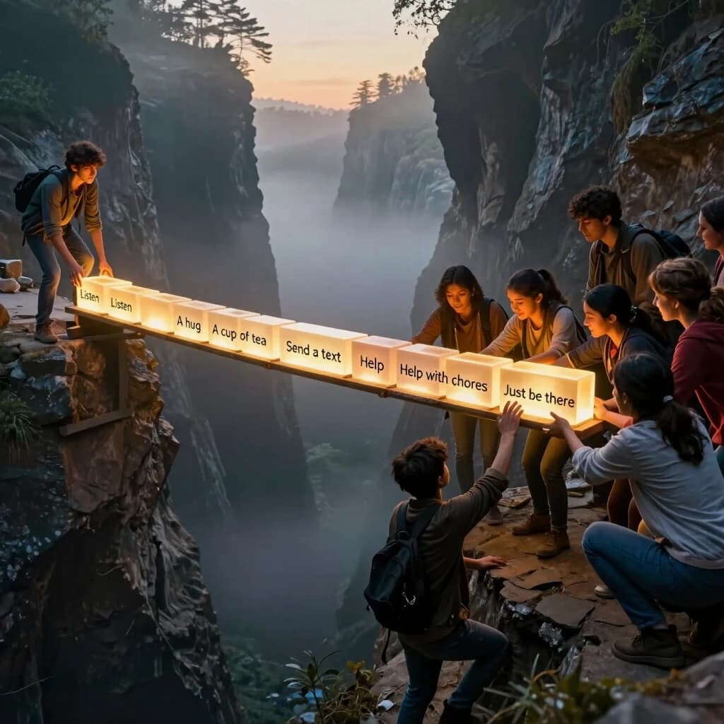 Cinematic photorealistic wide shot of a deep, misty canyon at golden hour. A diverse group of people is working together to build a glowing bridge across the chasm. The bridge is made of luminous, translucent blocks, each inscribed with a small act of support: "Listen", "A hug", "A cup of tea", "Send a text", "Help with chores", "Just be there". On one side of the canyon stands a solitary, hesitant figure, looking at the bridge with hope. On the other side, a warm, supportive community is reaching out, placing the final blocks. The bridge is almost complete, glowing warmly in the mist.  Photorealistic, emotional, hopeful, warm amber and soft blue tones, dramatic chiaroscuro, 8k, shallow depth of field, 4:5 aspect ratio.