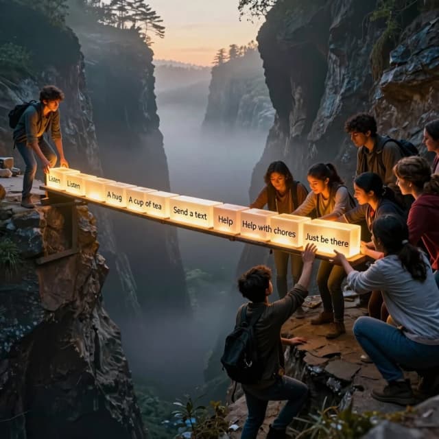 Cinematic photorealistic wide shot of a deep, misty canyon at golden hour. A diverse group of people is working together to build a glowing bridge across the chasm. The bridge is made of luminous, translucent blocks, each inscribed with a small act of support: "Listen", "A hug", "A cup of tea", "Send a text", "Help with chores", "Just be there". On one side of the canyon stands a solitary, hesitant figure, looking at the bridge with hope. On the other side, a warm, supportive community is reaching out, placing the final blocks. The bridge is almost complete, glowing warmly in the mist.  Photorealistic, emotional, hopeful, warm amber and soft blue tones, dramatic chiaroscuro, 8k, shallow depth of field, 4:5 aspect ratio.