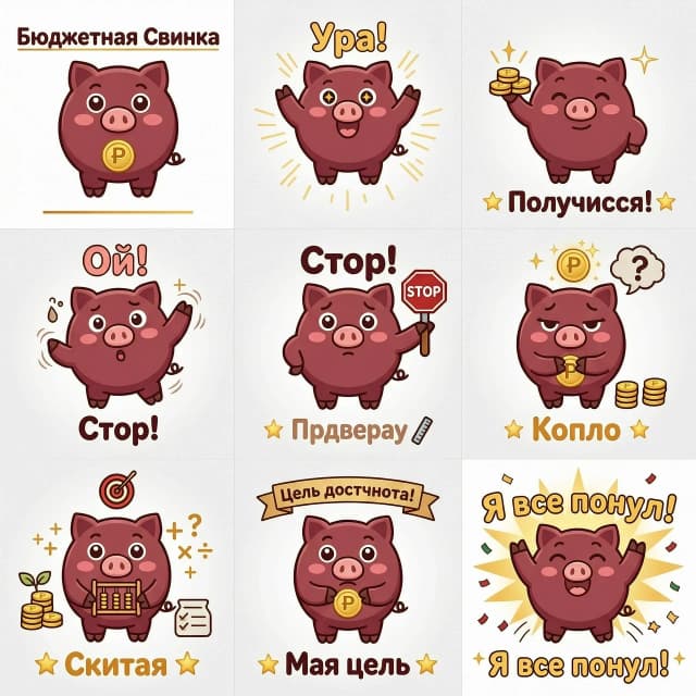 маскота — бордовую свинку-копилку, чтобы весь набор выглядел как единая серия. Свинка должна быть узнаваемой во всех стикерах: округлая, дружелюбная, с большими глазами, розовыми щёчками, маленькими копытцами и монеткой ₽ в пятачке/на спине. набор для Telegram именно про финансовую грамотность, я бы следующим этапом сделал ещё 10 более живых стикеров с эмоциями свинки: «Ура!», «Получилось!», «Ой!», «Стоп!», «Подумаю», «Коплю», «Проверяю», «Считаю», «Моя цель», «Я всё понял!