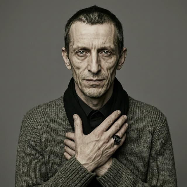 На вид — 36 лет, но в его глазах нет молодости. Это глаза человека, который пережил войны, чуму, смену эпох и предательство сотен друзей.

· Лицо: Аскетичное, с острыми скулами, тонким прямым носом и вечно полуприкрытыми веками. Никогда не улыбается широко — только кривая, горькая усмешка. Лёгкая небритость делает его похожим на уставшего рок-музыканта или философа-отшельника.
· Одежда: Носит строгие чёрные костюмы без галстука, либо старые свитера грубой вязки. Ненавидит пафос. Его единственное украшение — кольцо-печатка из обсидиана на безымянном пальце (в нём спрессован пепел его первой погибшей стаи тысячу лет назад).