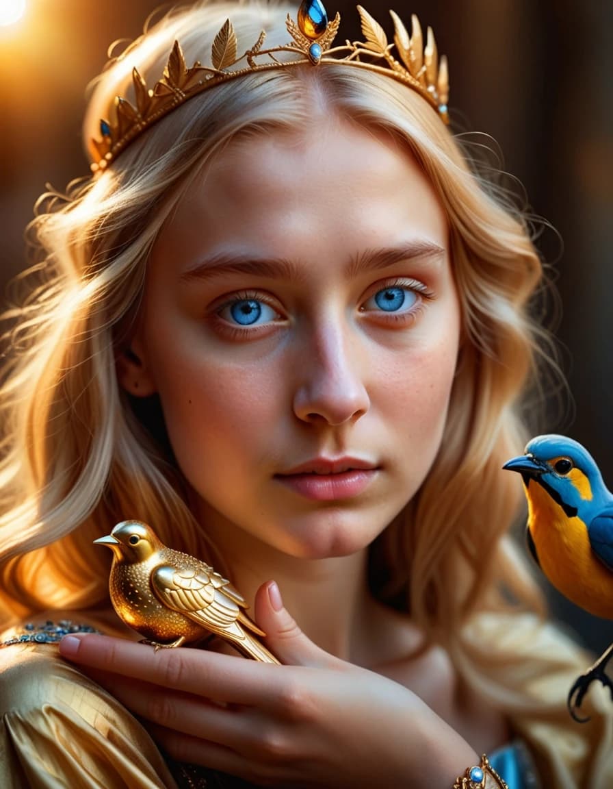 Close-up realistic portrait. A beautiful Czech princess with brilliant gold hair framing her face. She has gentle blue eyes looking at a glowing golden bird sitting on her hand. Warm light cast on her face, raw photographic texture, vibrant colors, cinematic depth of field.