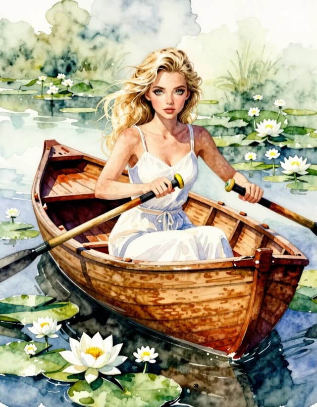 A masterpiece. Style: Watercolor painting.(Image. A beautiful girl, a glamorous blonde with expressive gray‑green eyes and clear facial features, is rowing a wooden boat among white lotus‑water buttercups on the surface of the water.):1.8. High quality. High resolution. Increased attention to fine details and texture. Artist: Sergey Andriyaka.