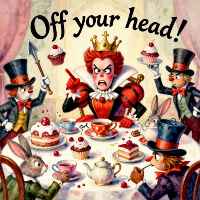 (masterpiece:1.8, acrylic painting:1.5, best quality:1.6, ultra-detailed:1.6). A bizarre and funny image (of the Queen of Hearts), who, sitting at a crazy tea table, angrily exclaims: "Off your head!' (Off with their heads!). The reason for her anger may have been a bad croquet game or too much sugar in her tea. (She's sitting at the head of a table strewn with ridiculous teapots and mountains of cakes, her crown slightly askew.) The Queen's face is red with annoyance, with puffed cheeks and wide-open eyes that look more offended than truly angry. (She points her finger with such effort that she looks like she's about to knock over her tea).
(Around her are the Hatter and the March Hare, who comically jump up and down in "fright," but at the same time try to hold on to their cups and cupcakes. Sonya may have poked her head out of the kettle, clearly annoyed by the noise. The card guards nearby may be awkwardly retreating, tripping over table legs or dropping their halberds). The tea table is a mess of flying cupcakes, spilled tea, and tumbling teacups.
The lighting is light and airy, creating a light, almost pastel mood. The overall atmosphere is a light, funny mess, where the Queen's anger is more of a familiar but theatrical act. Detailed watercolor or pastel illustration, playful composition, soft but saturated colors, light strokes, digital painting. Inspired by Quentin Blake's dynamic illustrations and Mary Blair's vibrant style.