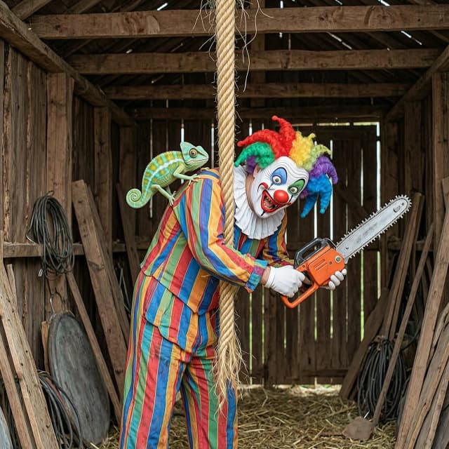Evil clown descends on hair like Rapunzel from the ceiling in a barn, and on his shoulder sits Pascal the chameleon (from the cartoon Rapunzel) in a clown mask with a chainsaw in his hands