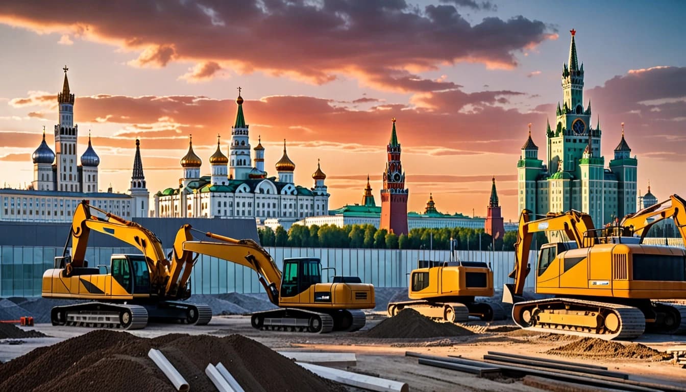 Poster for a construction company. A high‑tech construction site. In the background, a futuristic city made of glass and steel. On the horizon, the outlines of the Moscow Kremlin and a cathedral with a dome are visible as semi‑transparent silhouettes. The bright sunset sky casts glare and reflections onto the construction equipment; the materials are highly detailed. There are no people, no flying objects, no text.