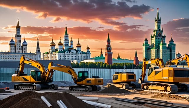 Poster for a construction company. A high‑tech construction site. In the background, a futuristic city made of glass and steel. On the horizon, the outlines of the Moscow Kremlin and a cathedral with a dome are visible as semi‑transparent silhouettes. The bright sunset sky casts glare and reflections onto the construction equipment; the materials are highly detailed. There are no people, no flying objects, no text.