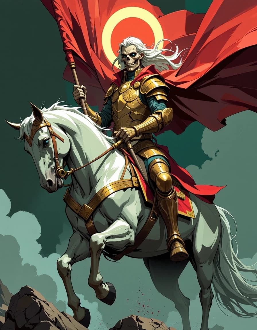 A masterpiece,  in the style of the 1980s, with bold lines, dynamic strokes and rich textures, on background with a touch of nostalgia, perhaps with subtle drawings inspired by cellulose and vintage, worn textures similar to paper, oil painting, A haunting, highly detailed fantasy portrait of an undead knight mounted on a warhorse: a skull-faced rider with long flowing white hair, weathered full plate armor pitted with battle damage and rust, ornate gold medallions and filigree, a tarnished halo-like ring glowing faintly behind the skull, and a tattered deep-red banner whipping in the wind. The horse is armored with matching gold-trimmed barding, pale hide, and eerie glowing blue eyes. Moody, desaturated battlefield sky in green-gray tones, dramatic cinematic rim and volumetric lighting, strong contrast, painterly oil-brush texture, subtle grime and bloodstains, wind-blown movement, three-quarter low-angle composition, epic and ominous atmosphere, ultra-detailed facial bone structure and armor engravings, rich gold highlights, deep shadows, evocative, thematic focus on decay, honor, and menace. celshading, simple background