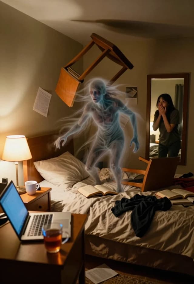 Hyper-realistic interior shot, 8K, from a slightly low angle inside a cozy, lived-in bedroom at night. The room is warmly lit by a bedside lamp and the blue glow of a laptop screen. Clothes are scattered, books are open, and a half-finished cup of tea sits on the nightstand. In the center of the room, a strange, non-human figure has appeared—it’s translucent and made of shifting mist and shadow, with faint outlines of limbs and a face that keeps changing. The sudden presence has caused chaos: a chair is knocked over, a bookshelf is rattling, and papers are fluttering in an unnatural wind that seems to emanate from the creature. The owner of the room is visible in the reflection of the mirror—wide-eyed, hand over their mouth, caught in the act of turning around to face the intruder. The lighting is intimate but unsettling: the warm domestic glow clashes with the cold, flickering aura around the entity. The mood is one of raw, immediate fear mixed with disbelief—this is the exact moment the person realizes they are not alone.