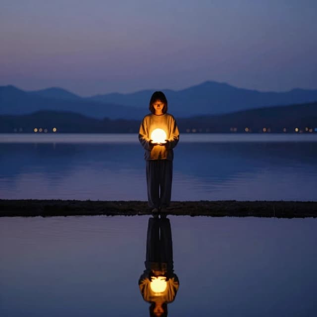 Cinematic photorealistic shot of a single person standing at the edge of a calm, reflective lake during twilight, holding a small glowing orb or lantern in both hands, close to their chest. The warm golden light from the orb gently illuminates their peaceful face and creates a small circle of calm around them, contrasting with the cool blue and purple evening sky. Behind them, the distant mountains are softly blurred. The surface of the water is completely still, perfectly mirroring the person and the light. This symbolizes grounding and finding inner stability when emotions are high. Peaceful, meditative, healing, introspective, minimalist, warm gold and cool indigo tones, soft bokeh background, 8k, 4:5 aspect ratio.