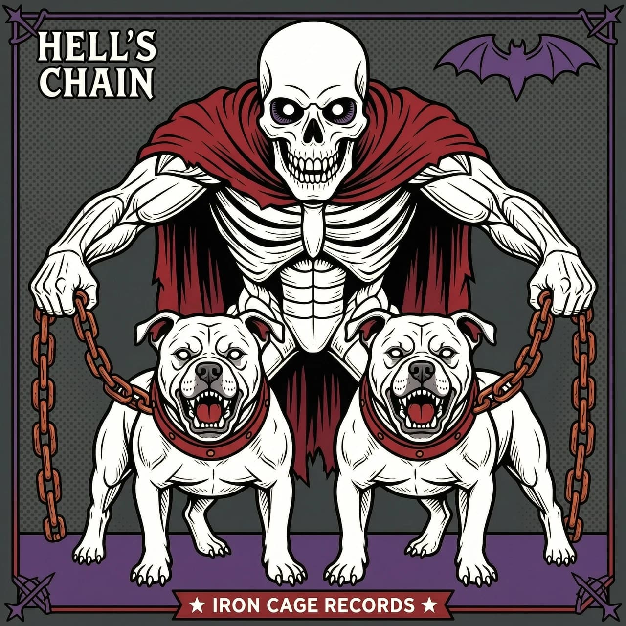 Vector art, flat design with strong black outlines, style inspired by Iron Maiden album art. A demonic figure with skeletal features and glowing eyes holds two aggressive pitbulls by heavy metal chains. Pitbulls are muscular, with cropped ears and snarling expressions. Chains are thick, rusty, with visible links. Background is minimal, dark grey with subtle texture. Color palette: black, deep red, rust, bone white, dark purple. No gradients, use solid colors and hatching for shading.